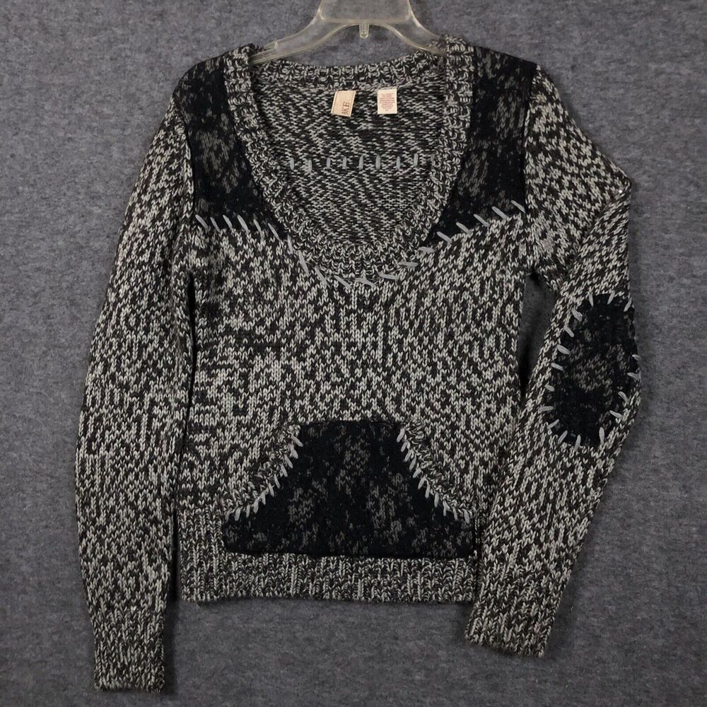 BKE Wool Blend Sweater XL Womens Cable Knit/Lace Dark Fairycore Elbow Patches